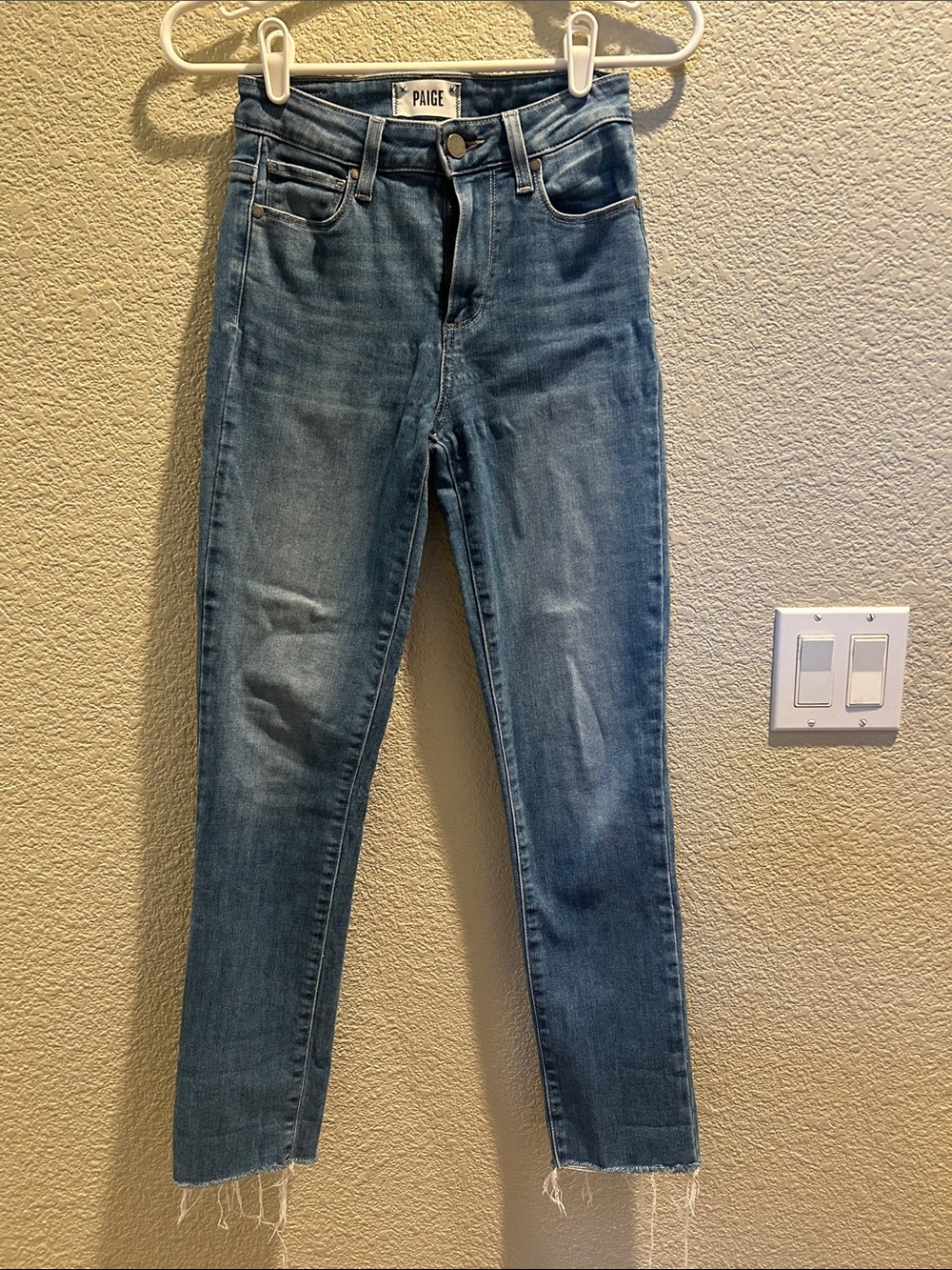 PAIGE Medium Blue High-Rise Slim Straight Jeans with Raw Hem